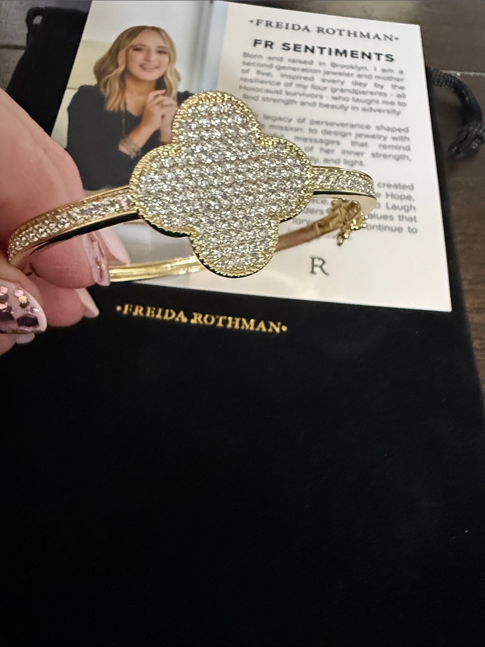 Freyda Rothman Signature Gold Pavé Clover Bangle